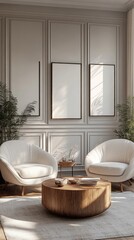 Two white armchairs facing a round wooden coffee table in a modern living room with white walls and three blank frames.