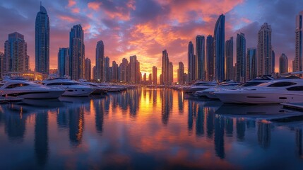 A vibrant sunrise paints the sky above a modern cityscape with a marina full of yachts.