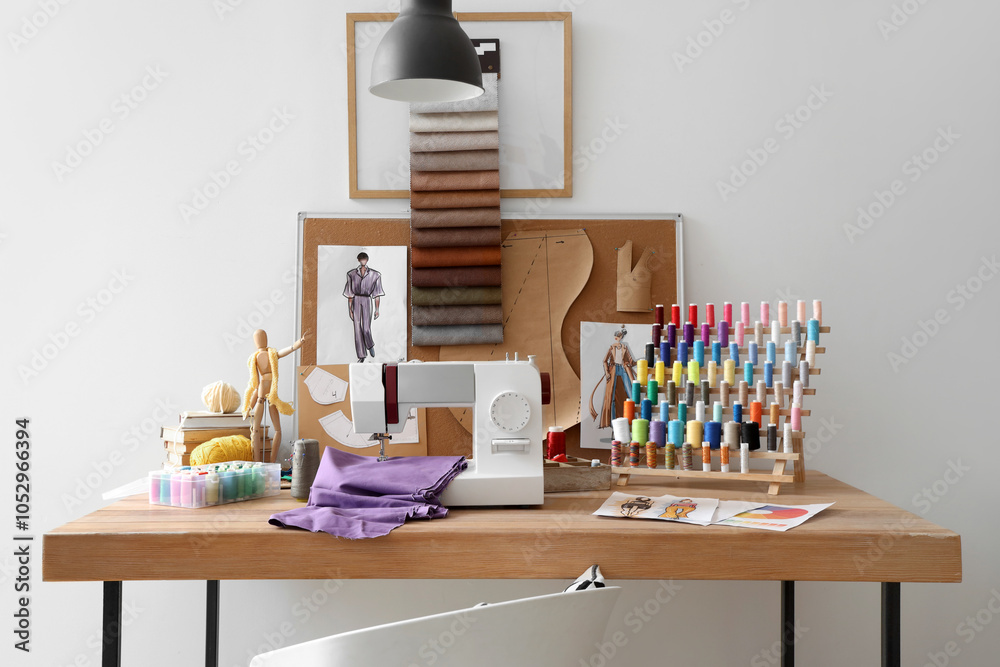 Fashion designer's workplace with sewing machine, thread spools and pin board in studio