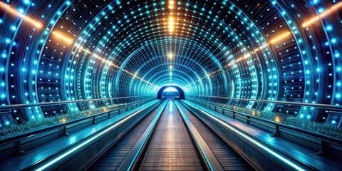 a futuristic tunnel illuminated by a dazzling array of blue and orange lights, with a moving walkway