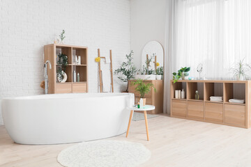 Interior of bathroom with bathtub, sink and hair care products