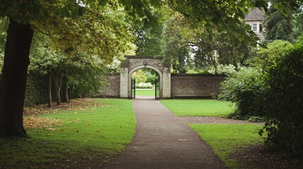 2410 14.A scenic shot of Castle Grounds in Reigate, Surrey, highlighting the mock medieval gateway that adds a touch of historical charm to the public park. The parkâ€™s lush greenery and carefully