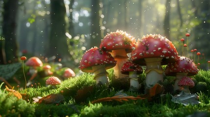 Wall Mural - Enchanted Forest: Red Mushrooms in a Sunlit Clearing