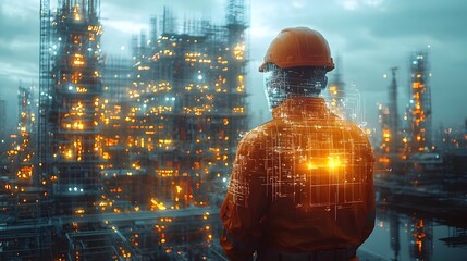 Poster - futuristic high tech construction site with translucent glowing materials robotic engineers and dron