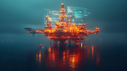 Poster - futuristic offshore oil drilling rig surrounded by a holographic data overlay