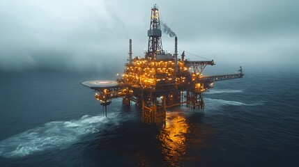 Poster - innovative offshore oil drilling platform with hologram projecting well depth and geological data fo