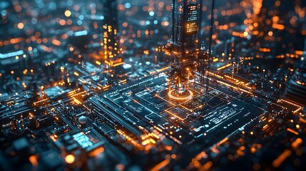 Poster - futuristic image of a high tech oil drilling featuring a hologram interface for precise depth contro