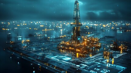 Poster - futuristic oil drilling featuring a holographic interface for precise control over drilling depth an
