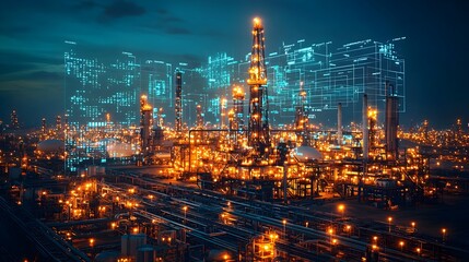 Poster - futuristic oil drilling rig operating in the middle eastern desert with holographic display showing 
