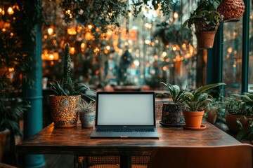 Aufkleber - Modern Laptop on Wooden Table Surrounded by Indoor Plants