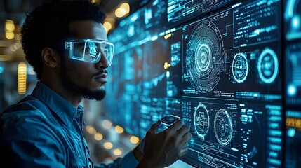 Poster - photograph of a middle eastern oil field with workers using holographic displays for real time data 