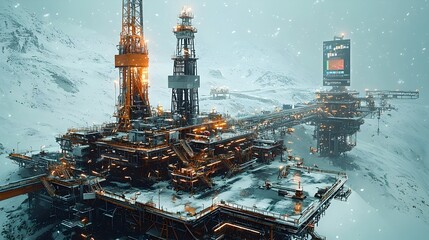 Poster - photograph showcasing an oil well in a cold snowy environment featuring advanced machinery and holog