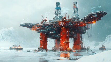Poster - a photography of workers operating a snow covered oil rig in a remote field surrounded by holographi