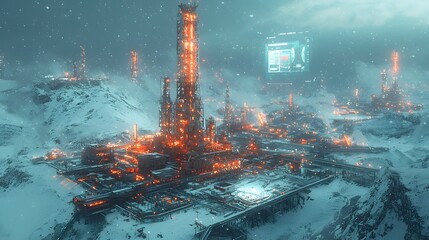 Poster - advanced oil well with cutting edge machinery and holographic displays showing real time drilling me