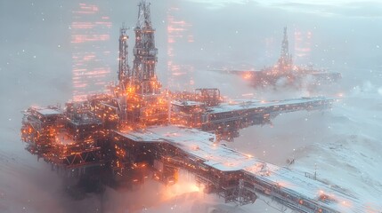 Poster - futuristic oil platform in a snowy remote offshore environment with holographic displays projecting 