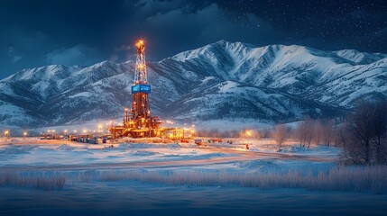 Poster - futuristic winter oil drilling site with holographic tools displaying well depth flow rates and othe