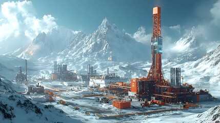Poster - futuristic winter oil drilling site with snowy mountains in the background and holographic tools dis