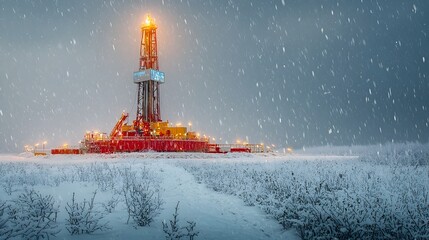 Poster - industrial oil and gas drilling equipment operating in a snowstorm with holographic data visualizati