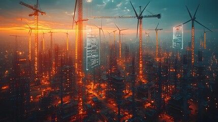 Poster - comprehensive wind turbine construction scene with holographic data displays cranes and workers show