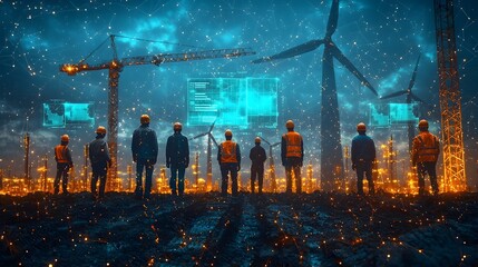 Poster - ongoing wind turbine construction project featuring holographic displays of real time turbine effici