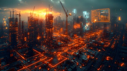 Poster - advanced wind turbine construction site with cranes equipment and holographic displays showcasing re