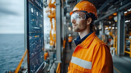Poster - photograph showcasing a wind turbine construction site with cranes equipment and holograms displayin