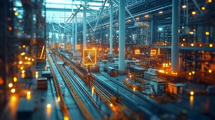 Poster - photograph of a wind turbine construction site featuring cranes equipment and holographic displays s