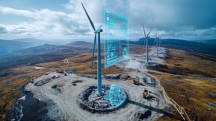 Poster - constructing wind turbines in a hilly scenic landscape with holographic displays showcasing energy c
