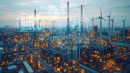 Poster - a photograph depicting a wind farm under construction featuring multiple wind turbines at different 