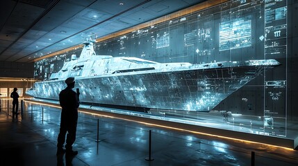 Poster - A team of naval engineers closely inspecting a nearly completed warship with holographic overlays displaying the ship s advanced weapon systems and other technical details