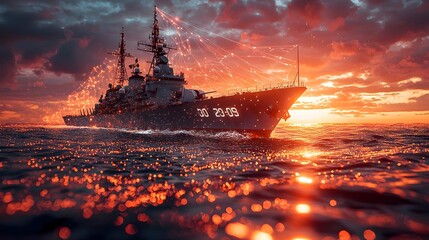 Poster - a sleek and powerful warship navigating the open waters with futuristic holographic displays showcas