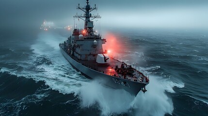 Poster - cutting edge warship navigating the open ocean equipped with holographic displays highlighting the v