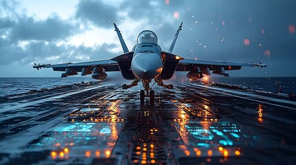 Poster - futuristic fighter jet taking off from an aircraft carrier with holographic projections showing real