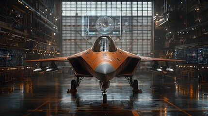 Poster - high tech fighter jet undergoing advanced maintenance procedures with diagnostic holograms and syste