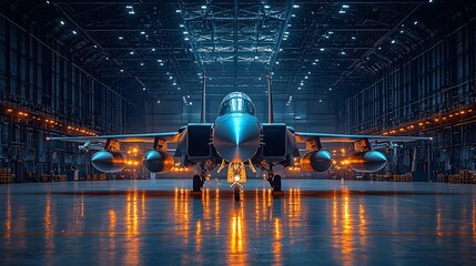 Poster - futuristic image of a fighter jet undergoing maintenance in a hangar with advanced holographic displ