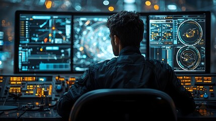 Poster - engineers monitoring and operating equipment in the control room of a coal fired power plant for ele