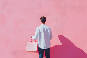 Young adult holding a shopping bag in one hand, vibrant isolated background in pastel pink, composition suited for posters with free space for promotional text,