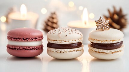 Christmas macarons with festive designs, cozy holiday setting, candlelight ambiance, isolated on white background