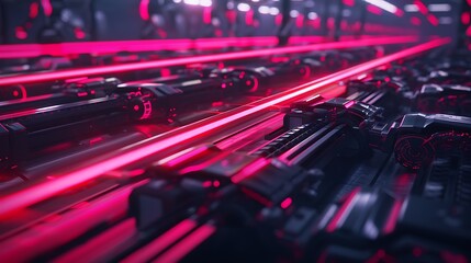 Poster - High-Tech Industrial Facility With Advanced Robotic Systems and Neon Energy Lines Symbolizing Efficiency in Manufacturing