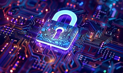 Poster - 3D illustration of a blue padlock icon surrounded by glowing digital lines and circuit patterns, symbolizing data security in cyber space on a black background, low detail, concept design, simple comp