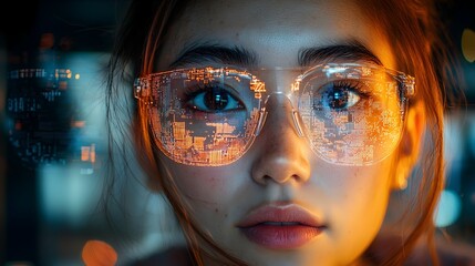 Poster - Researcher closely examining a holographic 3D visualization of the Earth s atmosphere highlighting carbon dioxide hotspots and patterns for in depth climate change research and global warming studies