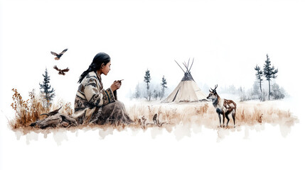 Brown watercolor painting of Siberian Nenets girl in nomadic camp