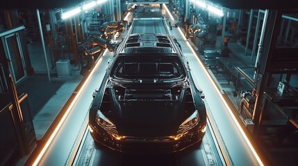 Fototapete - A black car on an assembly line with bright lights overhead.
