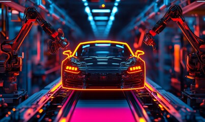 Poster - A black car on an assembly line, with robotic arms on either side of it, highlighting the car with neon orange lines.