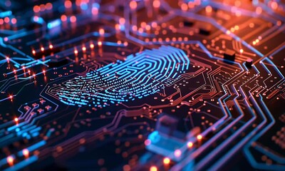 Poster - A closeup of biometric security with blue digital fingerprints glowing on an intricate circuit board background in the style of row4,208.


