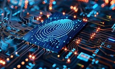 Poster - A closeup of biometric security with blue digital fingerprints glowing on an intricate circuit board background in the style of row4,208.


