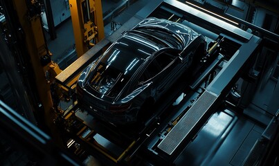 Poster - A black sports car is being assembled on a robotic lift system in a modern factory.