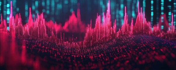 Poster - A vibrant, digital landscape featuring peaks and valleys, representing sound waves and data visualization with striking pink and blue hues.