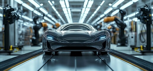 Poster - A black sports car moves down an assembly line in an automated factory.