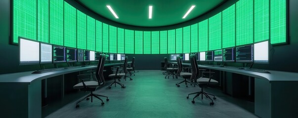 Poster - A high-tech control room with multiple computers displaying green code, emphasizing a digital and cybernetic environment.